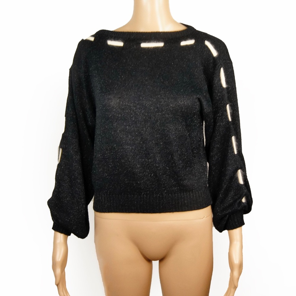 Vintage Marella Black Metallic Knit Weave Detail Pullover Sweater Top